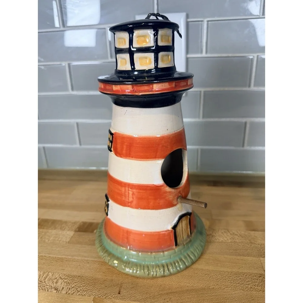 Nautical Lighthouse Ceramic Birdhouse Orange White Striped Coastal Garden Decor
